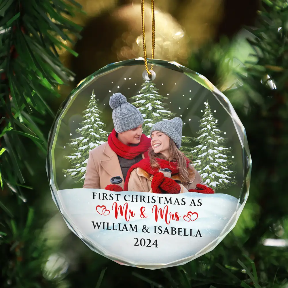 Custom Photo First Christmas Couples - Personalized Circle Glass Ornament - Image 4