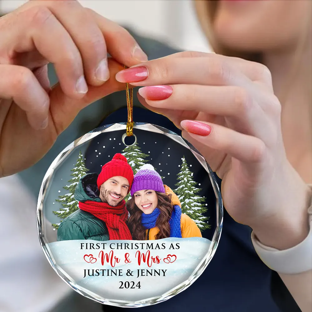 Custom Photo First Christmas Couples - Personalized Circle Glass Ornament - Image 5