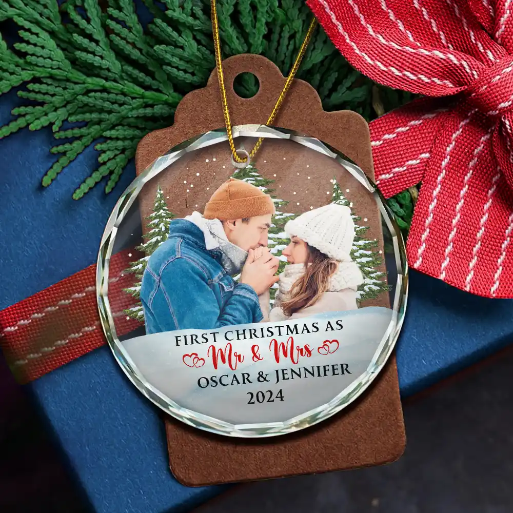 Custom Photo First Christmas Couples - Personalized Circle Glass Ornament - Image 6