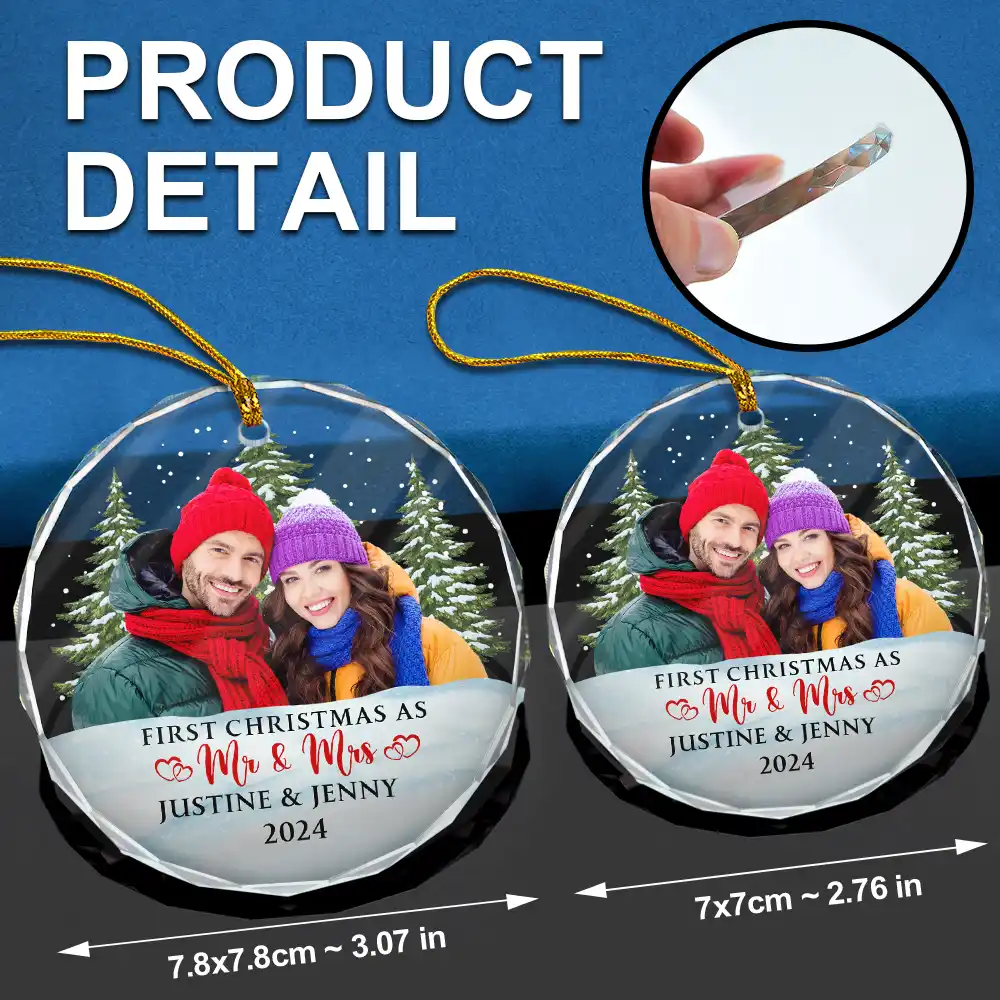 Custom Photo First Christmas Couples - Personalized Circle Glass Ornament - Image 7