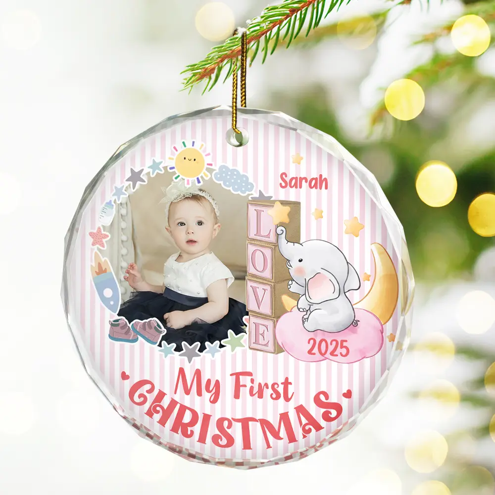 Custom Photo First Christmas Elephant Star - Personalized Circle Glass Ornament - Image 2