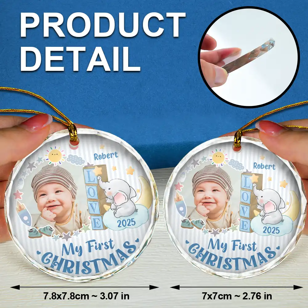 Custom Photo First Christmas Elephant Star - Personalized Circle Glass Ornament - Image 6