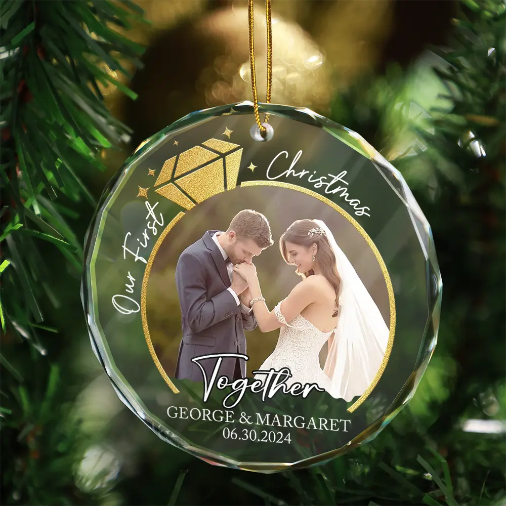 Custom Photo First Christmas Married Couple Ring - Personalized Circle Glass Ornament - Image 3