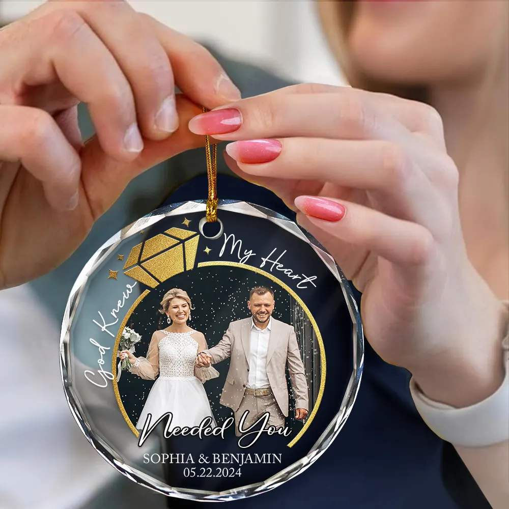 Custom Photo First Christmas Married Couple Ring - Personalized Circle Glass Ornament - Image 4