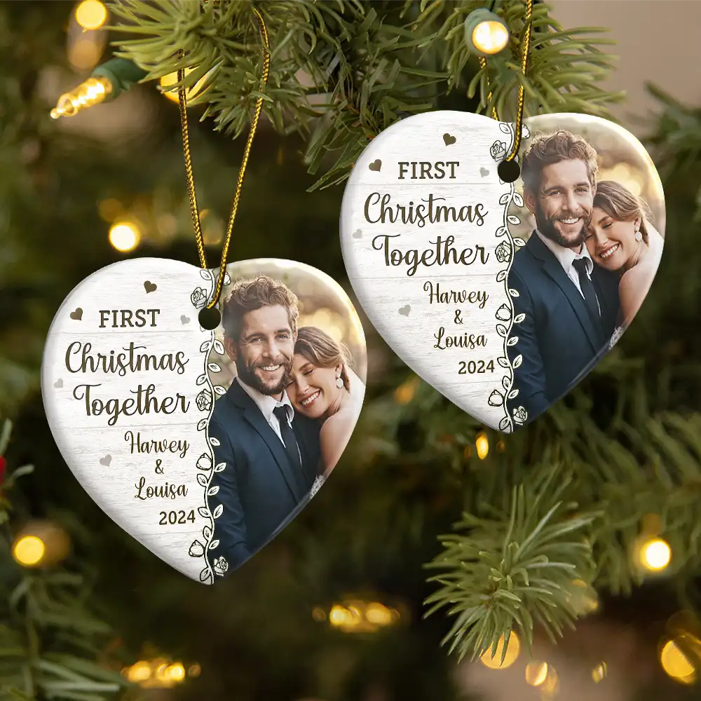 Custom Photo First Christmas Married - Personalized Heart Ceramic Ornament - Image 2