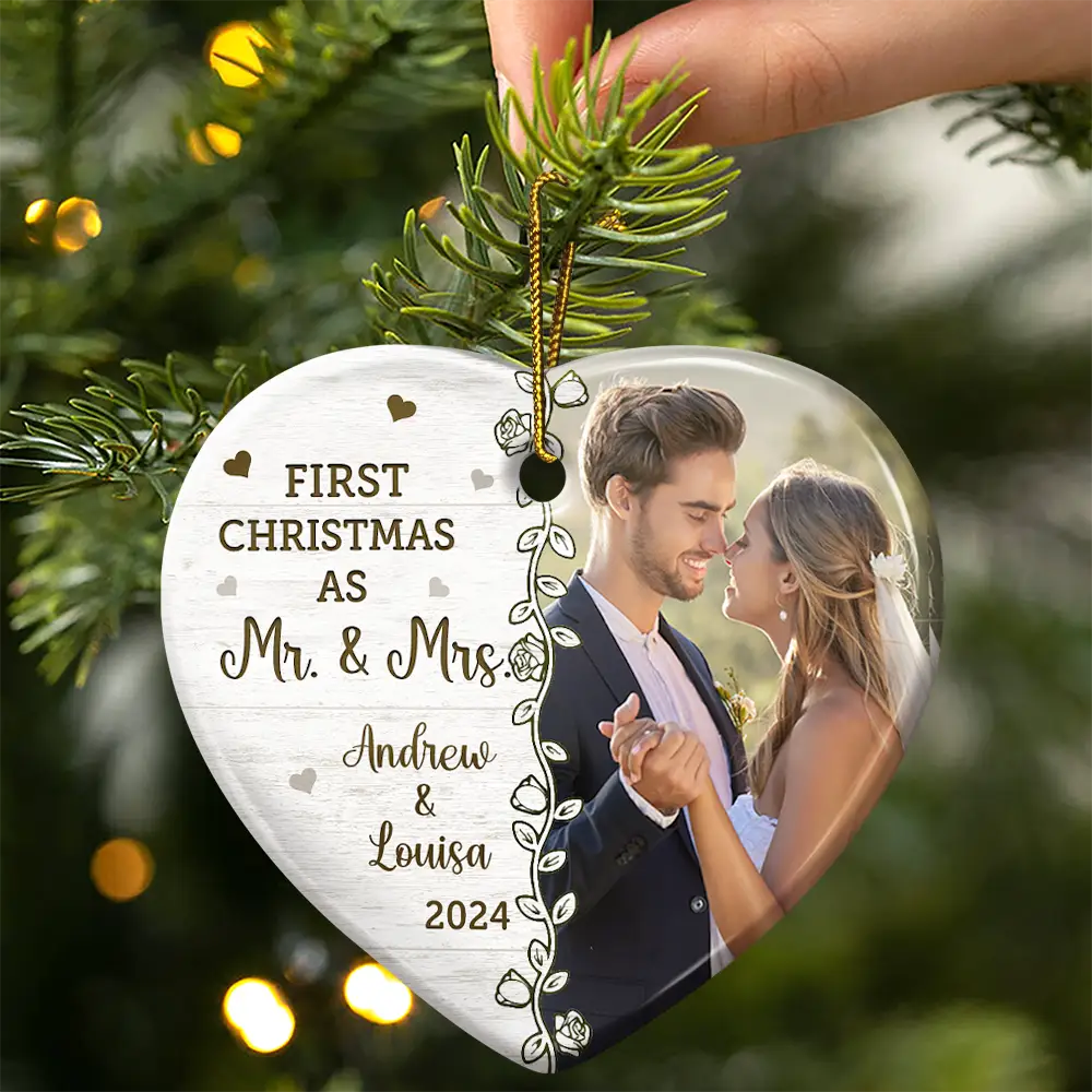 Custom Photo First Christmas Married - Personalized Heart Ceramic Ornament - Image 3