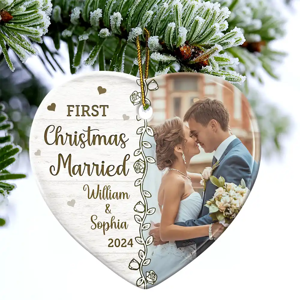 Custom Photo First Christmas Married - Personalized Heart Ceramic Ornament - Image 4