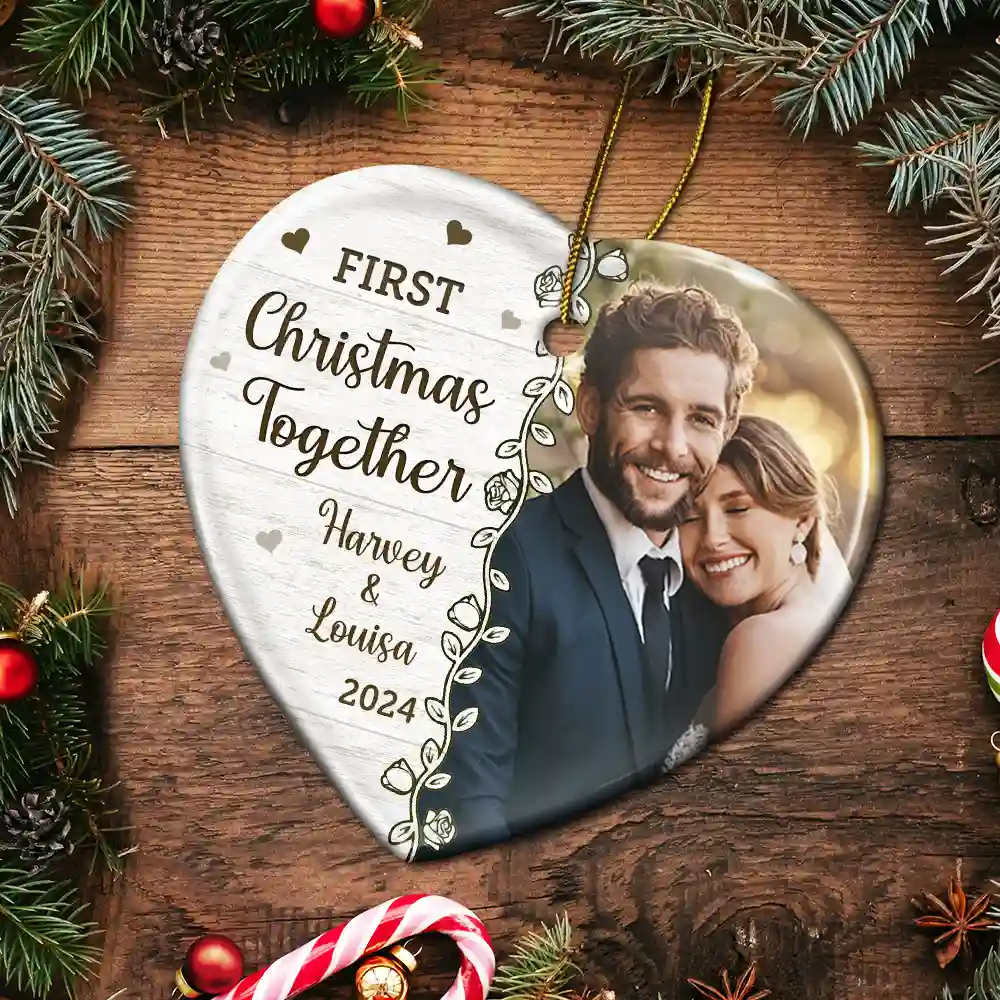Custom Photo First Christmas Married - Personalized Heart Ceramic Ornament - Image 5