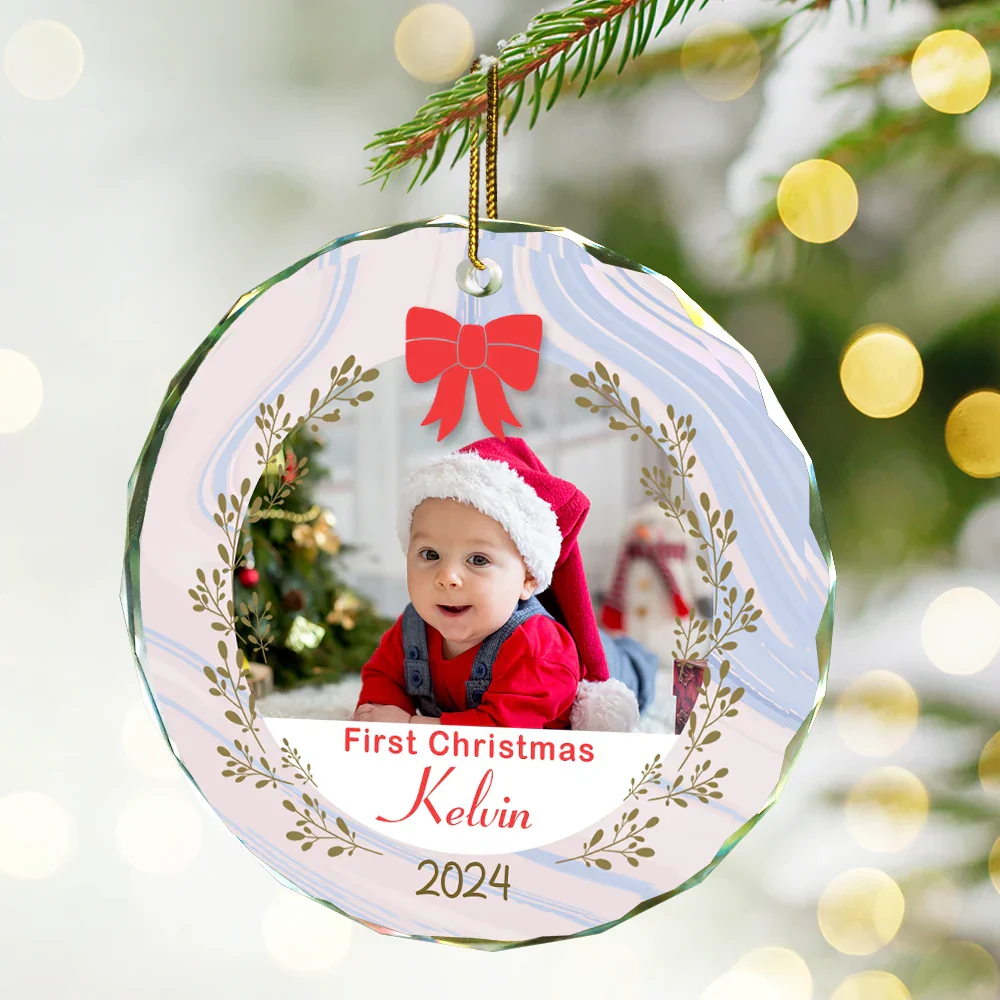 Custom Photo First Christmas - Personalized Circle Glass Ornament - Image 2
