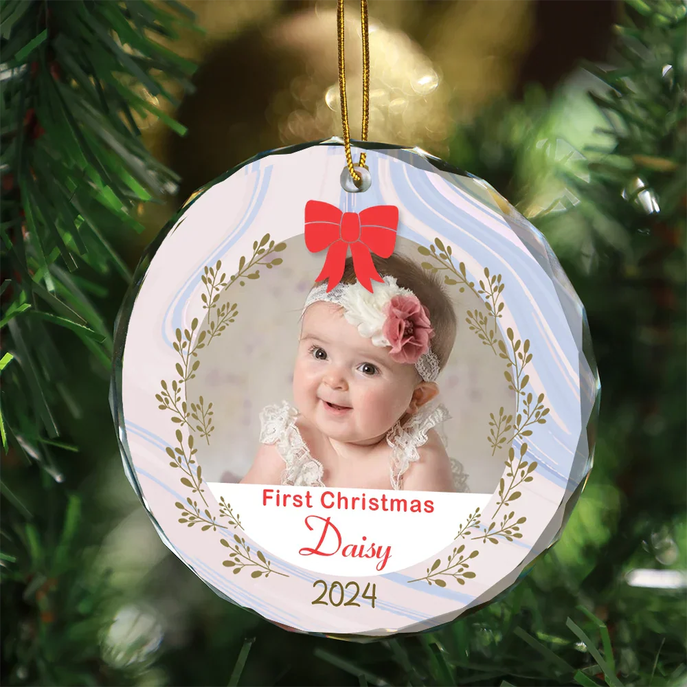 Custom Photo First Christmas - Personalized Circle Glass Ornament - Image 3