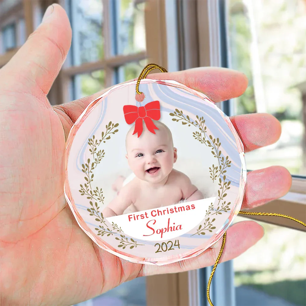 Custom Photo First Christmas - Personalized Circle Glass Ornament - Image 4