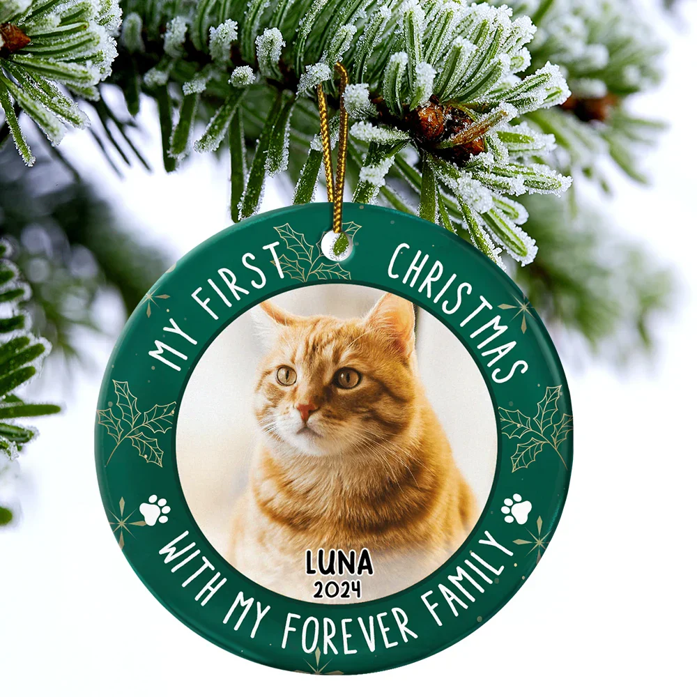 Custom Photo First Christmas Pet Lovers - Personalized Circle Ceramic Ornament - Image 4