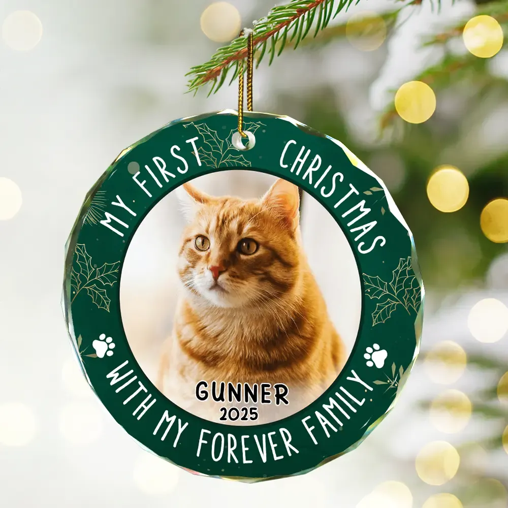 Custom Photo First Christmas Pet Lovers - Personalized Circle Glass Ornament - Image 2
