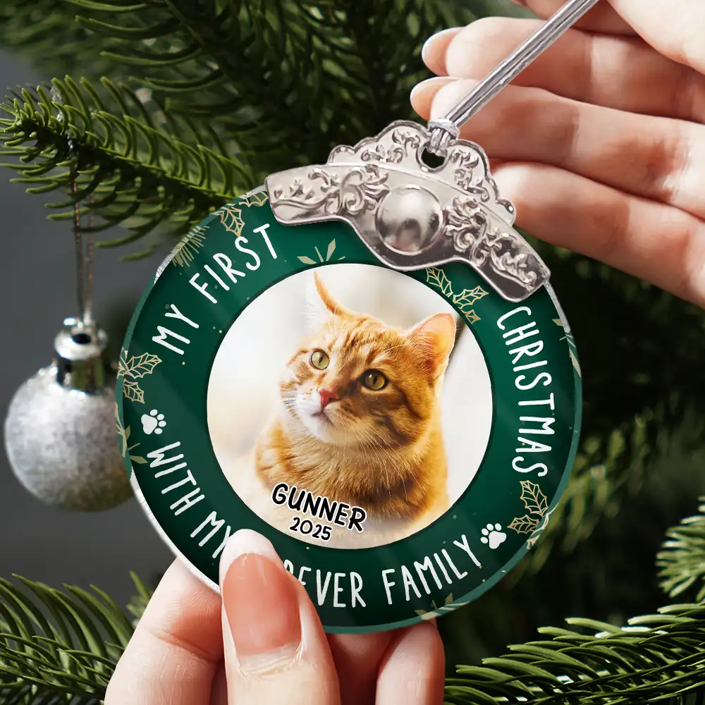 Custom Photo First Christmas Pet Lovers - Personalized Glass Ornament With Silver Cap - Image 3