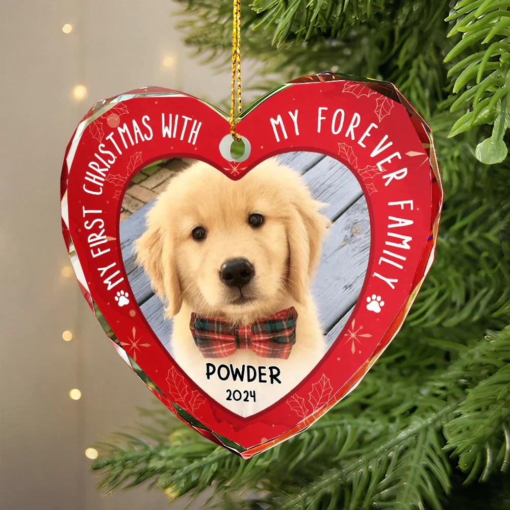 Custom Photo First Christmas Pet Lovers - Personalized Heart Shaped Glass Ornament - Image 2