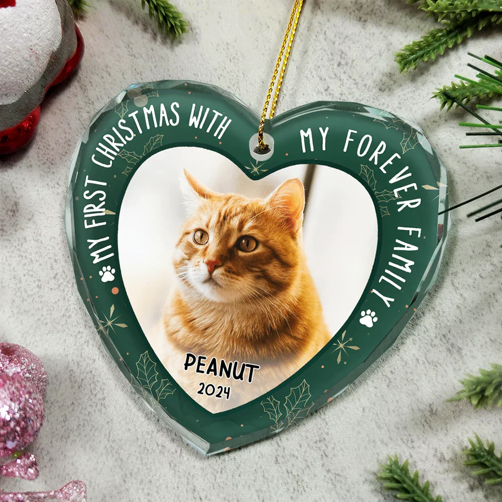 Custom Photo First Christmas Pet Lovers - Personalized Heart Shaped Glass Ornament - Image 4