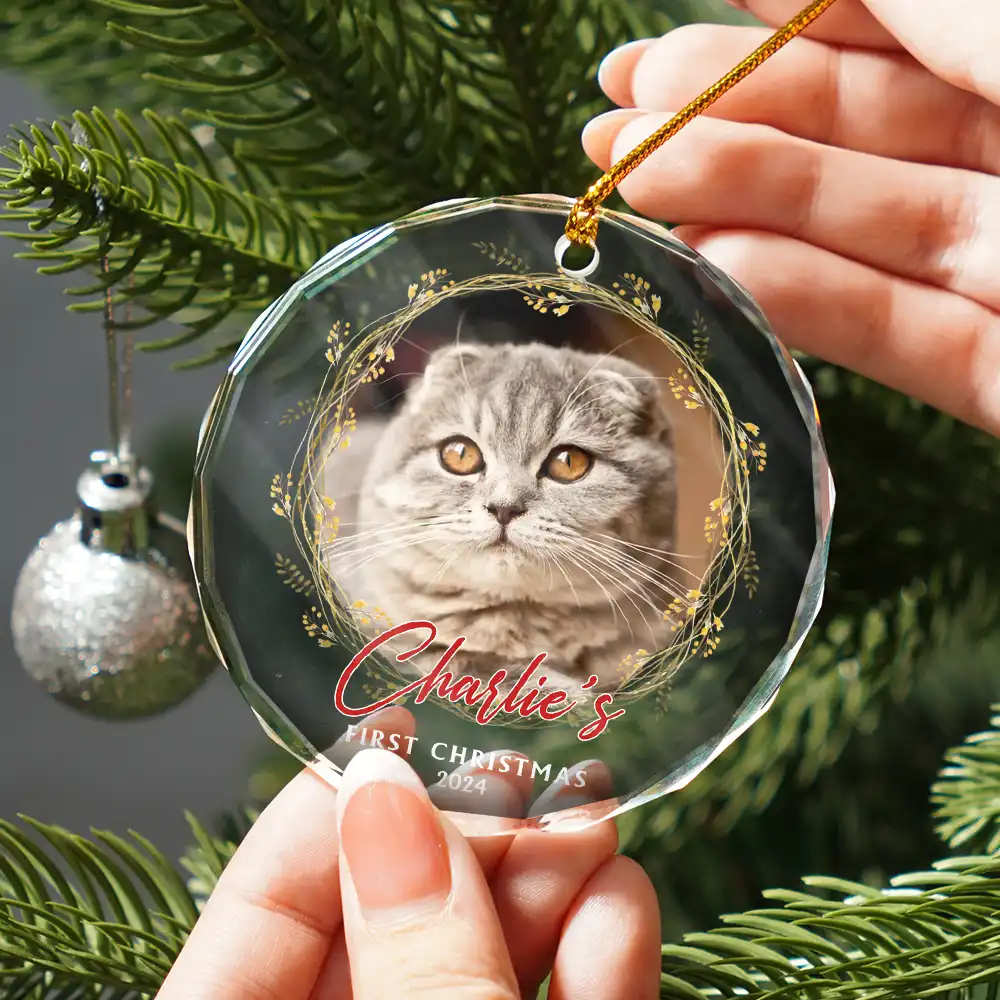 Custom Photo First Christmas Pet - Personalized Circle Glass Ornament - Image 2