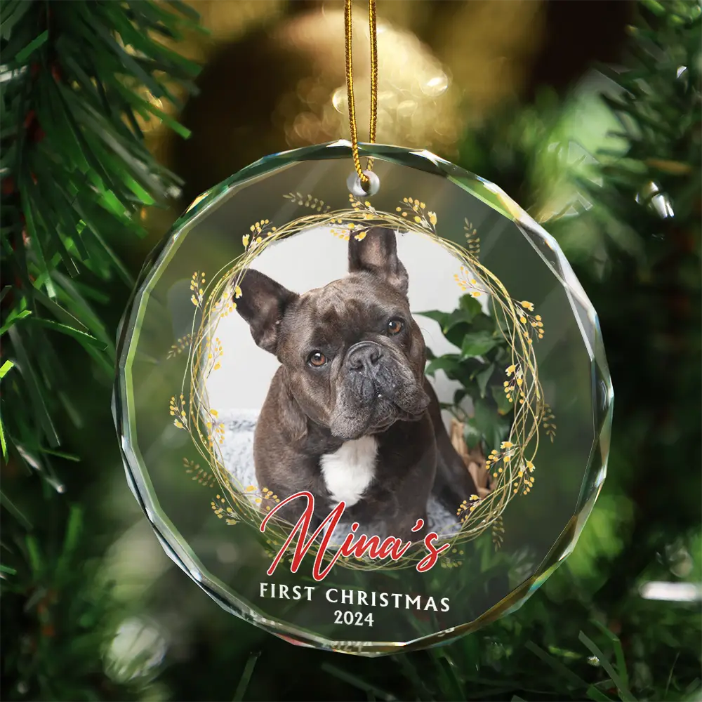 Custom Photo First Christmas Pet - Personalized Circle Glass Ornament - Image 3