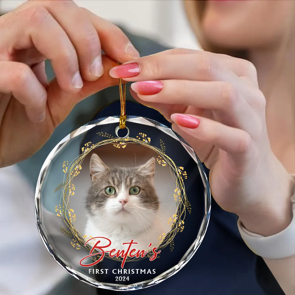 Custom Photo First Christmas Pet - Personalized Circle Glass Ornament - Image 4