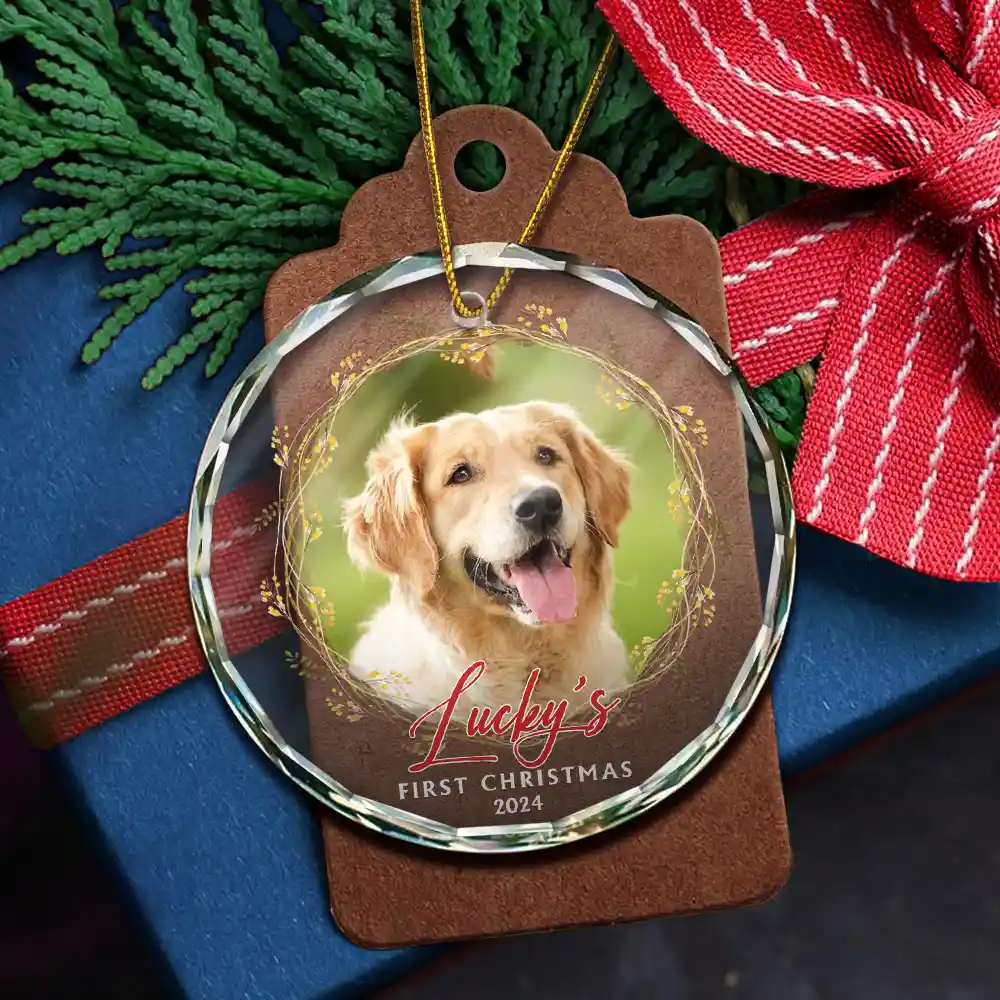 Custom Photo First Christmas Pet - Personalized Circle Glass Ornament - Image 5