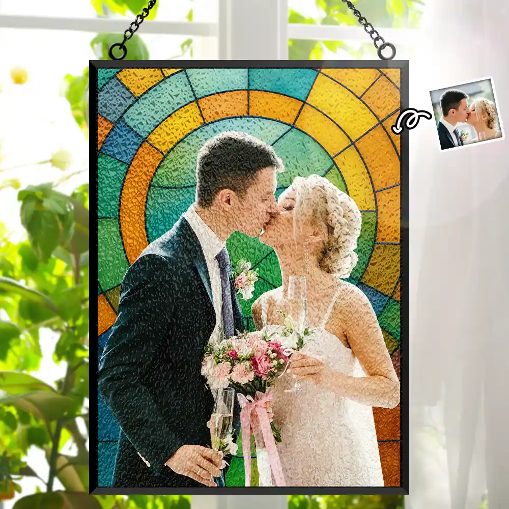 Custom Photo First Year Married Couple Wedding Anniversary Gift - Personalized Vertical Stained Glass Suncatcher