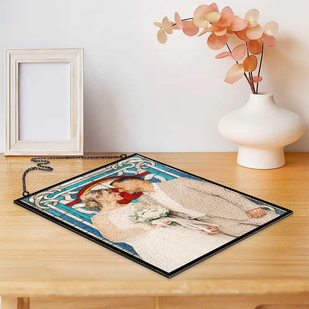 Custom Photo First Year Married Couple Wedding Anniversary Gift - Personalized Vertical Stained Glass Suncatcher - Image 3