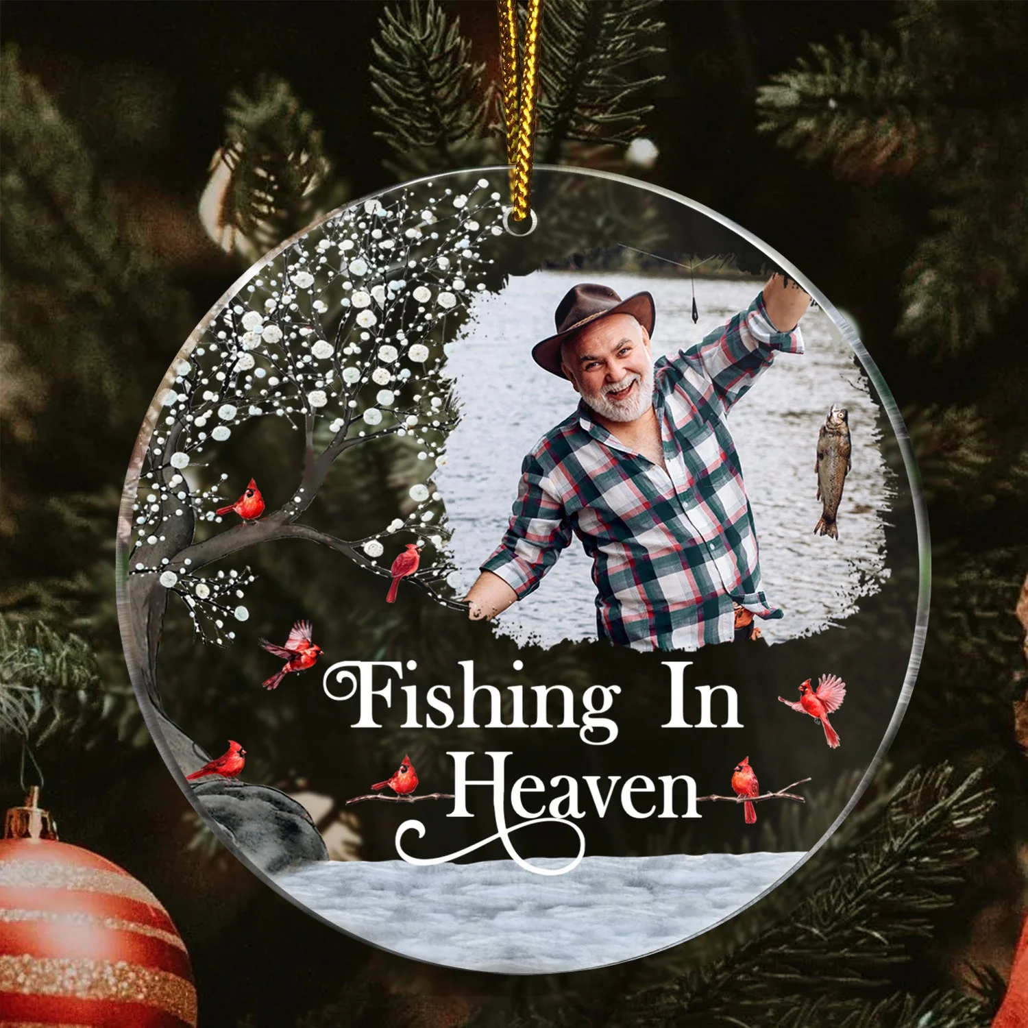 Custom Photo Fishing In Heaven - Memorial Gift For Family, Friends, Siblings, Fisherman - Personalized Circle Acrylic Ornament - Image 3