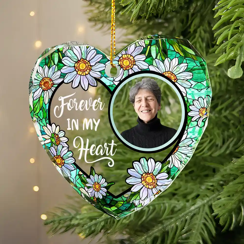 Custom Photo Floral Forever In Our Hearts - Personalized Heart Shaped Glass Ornament - Image 3