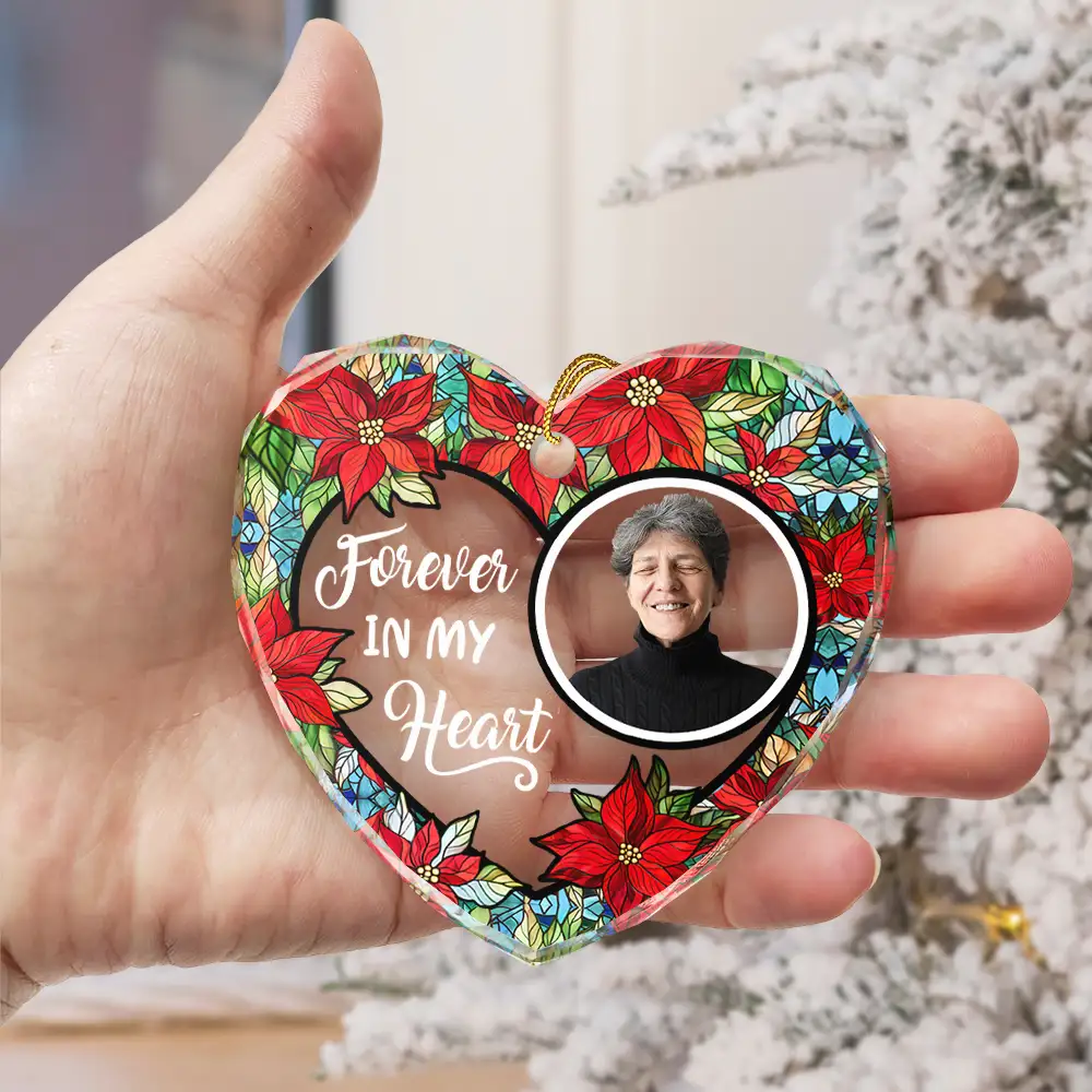 Custom Photo Floral Forever In Our Hearts - Personalized Heart Shaped Glass Ornament - Image 4