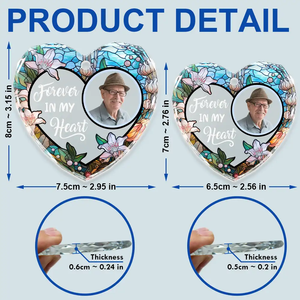 Custom Photo Floral Forever In Our Hearts - Personalized Heart Shaped Glass Ornament - Image 6