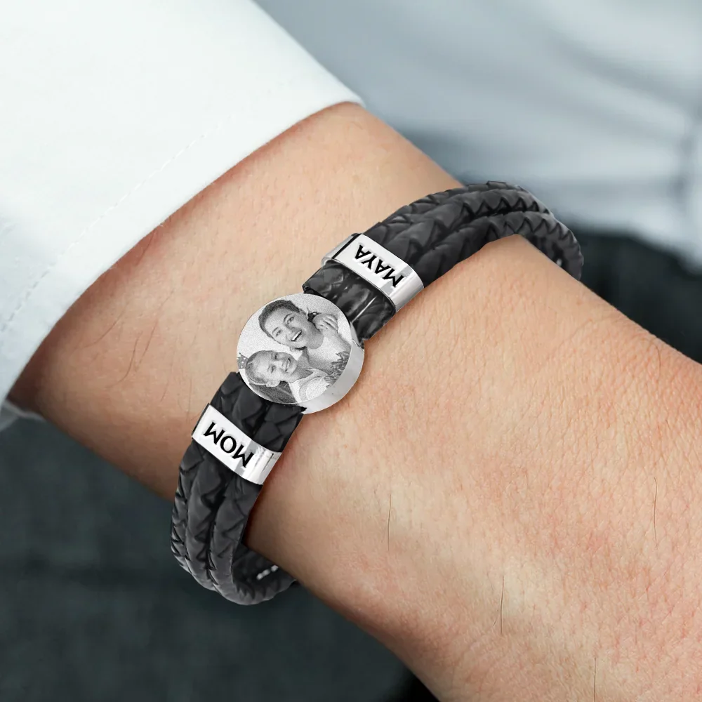 Custom Photo Forever Love Dad Mom Children Family - Personalized Leather Braided Bracelet - Image 2
