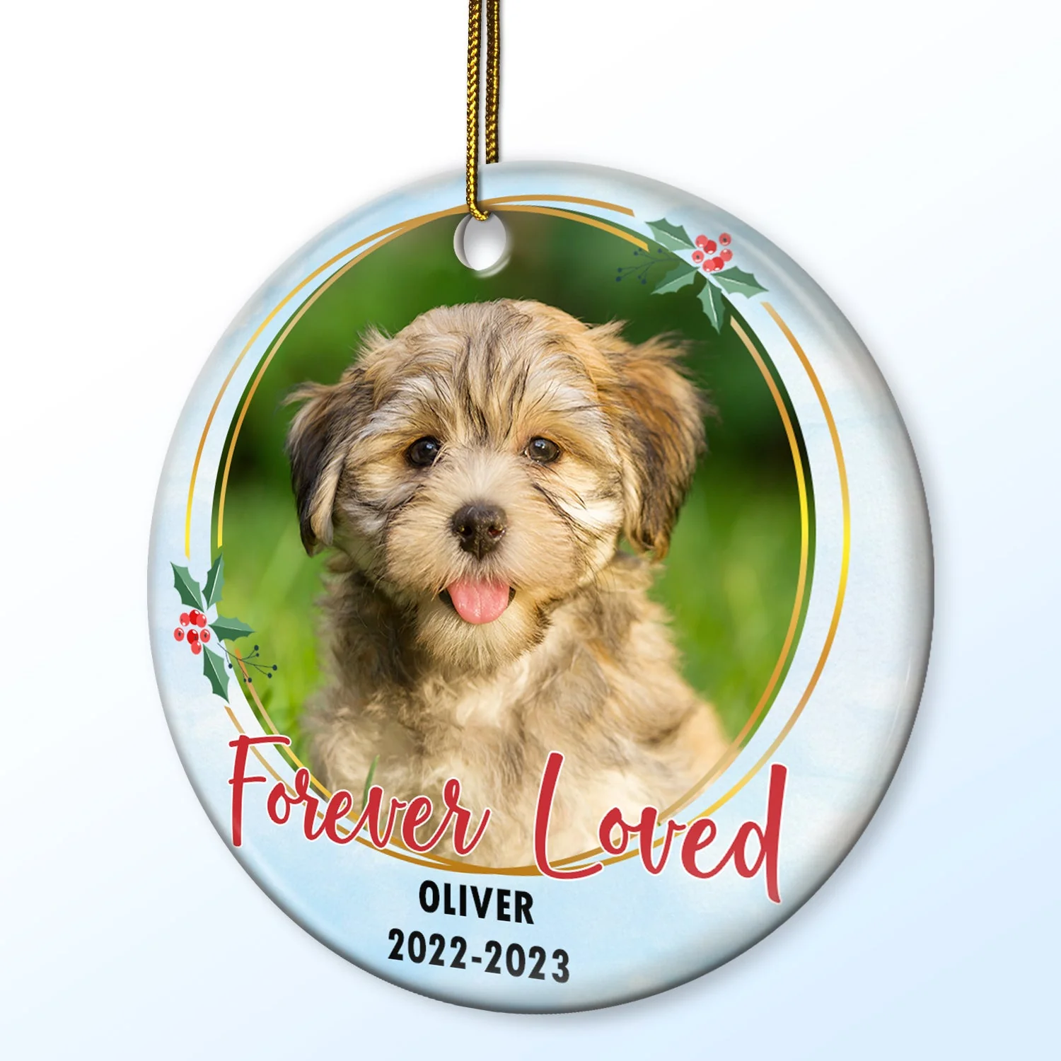 Custom Photo Forever Loved - Christmas Memorial Gift - Personalized Circle Ceramic Ornament - Image 2
