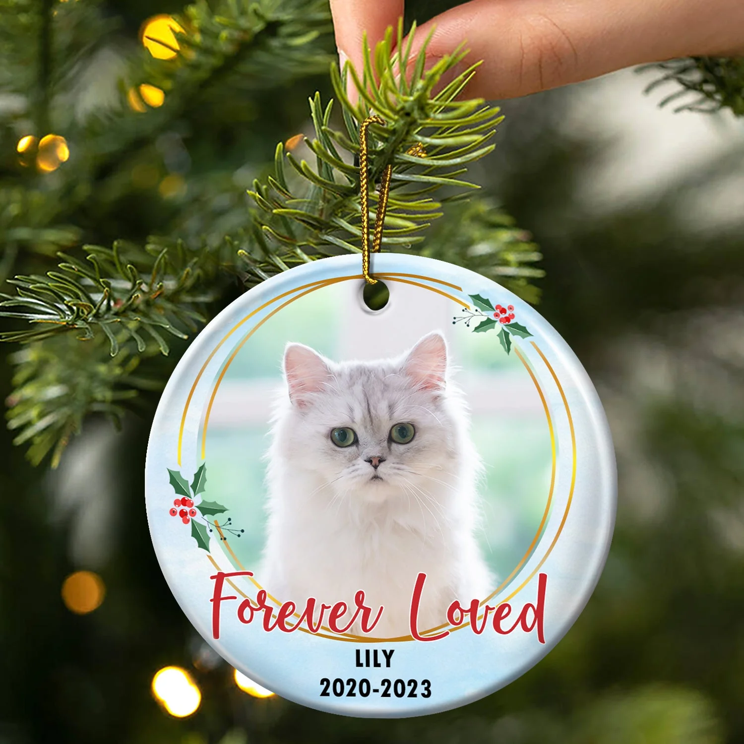 Custom Photo Forever Loved - Christmas Memorial Gift - Personalized Circle Ceramic Ornament - Image 3
