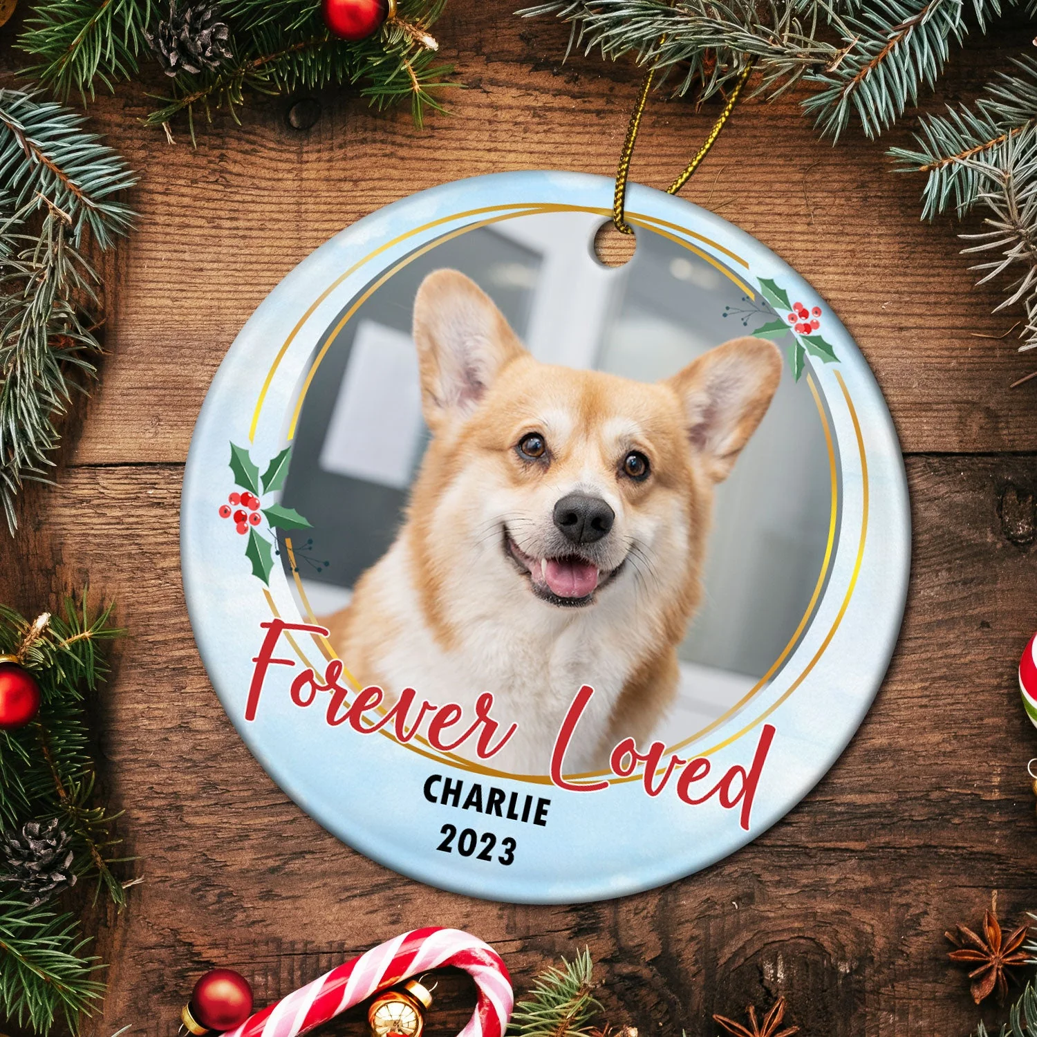 Custom Photo Forever Loved - Christmas Memorial Gift - Personalized Circle Ceramic Ornament - Image 5
