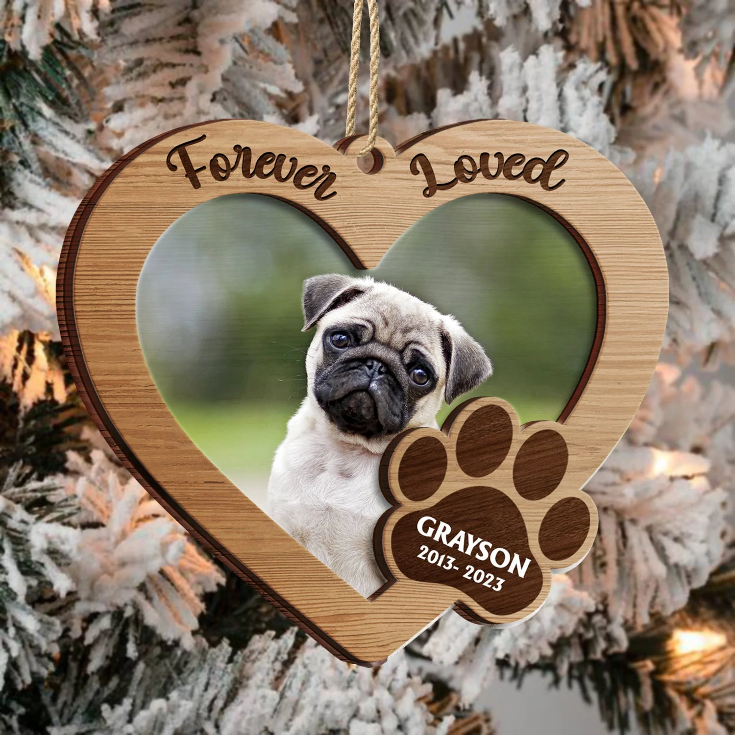 Custom Photo Forever Loved - Memorial, Christmas Gifts For Dog Lovers, Cat Lovers - Personalized 2-Layered Wooden Ornament - Image 3