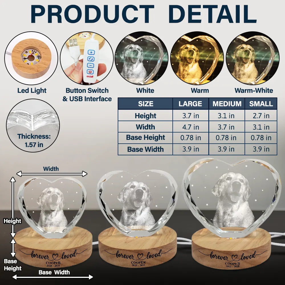 Custom Photo Forever Loved Memorial Dog Cat - Personalized Crystal Heart Shaped Lamp - Image 6