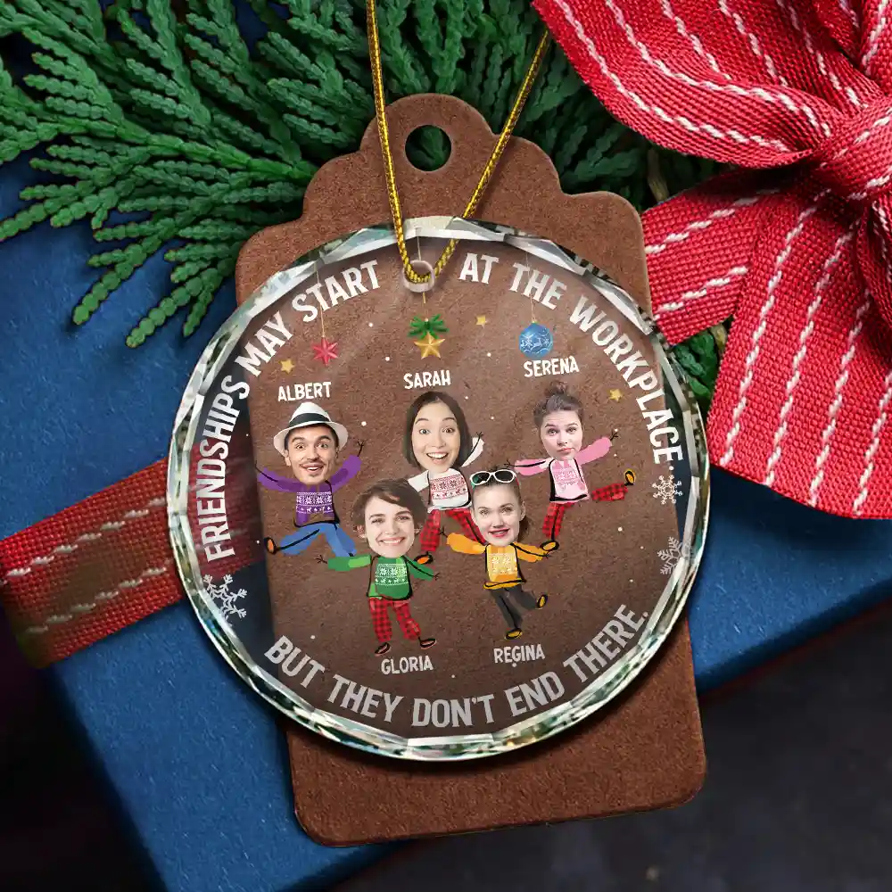 Custom Photo Friendships May Start At The Workplace Christmas Colleagues - Personalized Circle Glass Ornament - Image 6