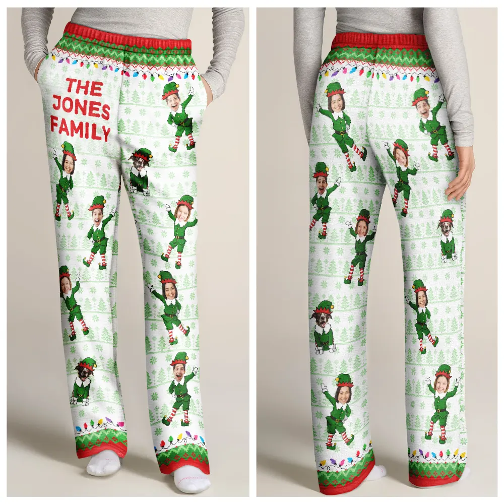 Custom Photo Funny Christmas Elf Family Face Cut - Personalized Pajama Pants - Image 4