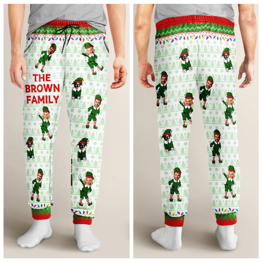 Custom Photo Funny Christmas Elf Family Face Cut - Personalized Pajama Pants - Image 5
