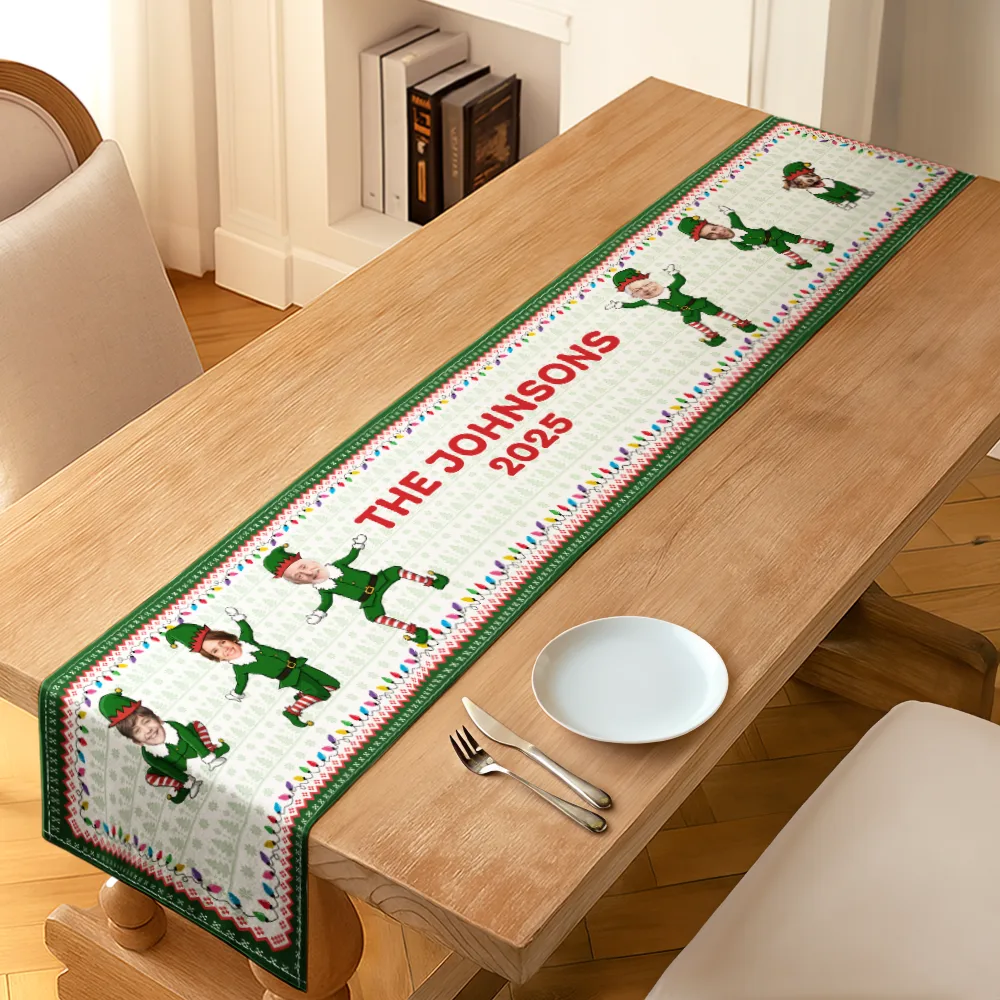 Custom Photo Funny Christmas Elf Family Face Cut - Personalized Table Runner - Image 3