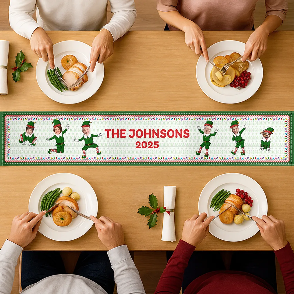 Custom Photo Funny Christmas Elf Family Face Cut - Personalized Table Runner - Image 4