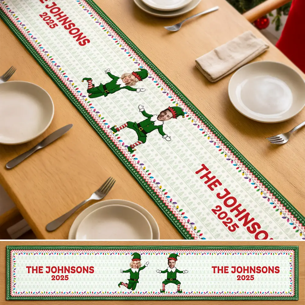 Custom Photo Funny Christmas Elf Family Face Cut - Personalized Table Runner - Image 5