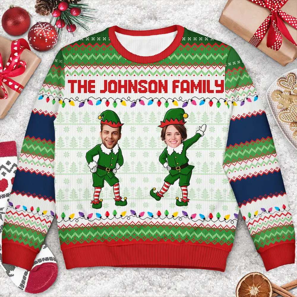 Custom Photo Funny Christmas Elf Family Face Cut - Personalized Unisex Ugly Sweater - Image 4