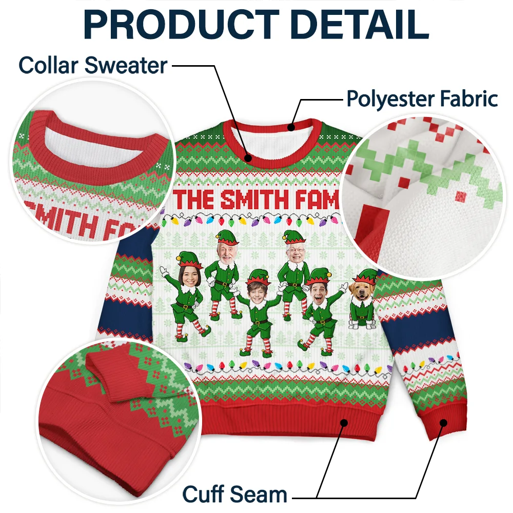 Custom Photo Funny Christmas Elf Family Face Cut - Personalized Unisex Ugly Sweater - Image 7