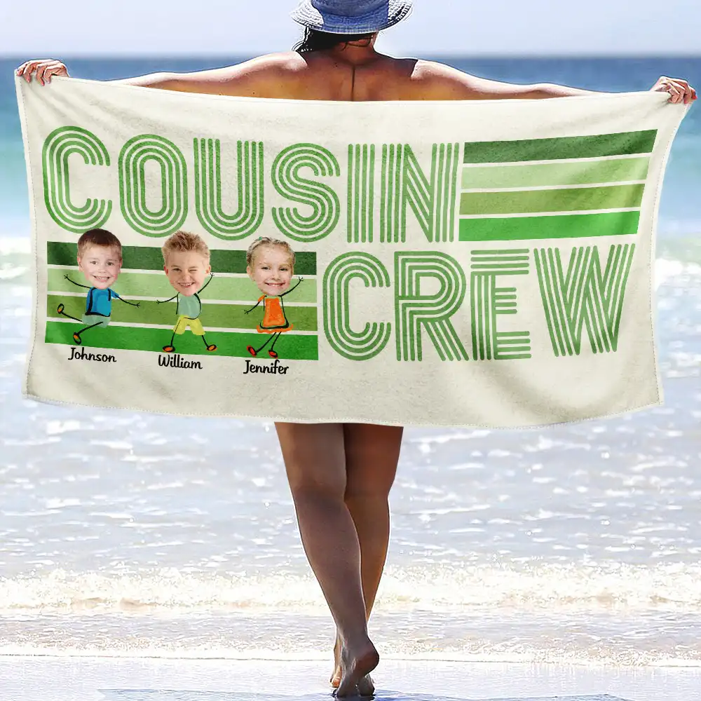 Custom Photo Funny Cousin Crew Retro Stripe - Personalized Beach Towel - Image 3