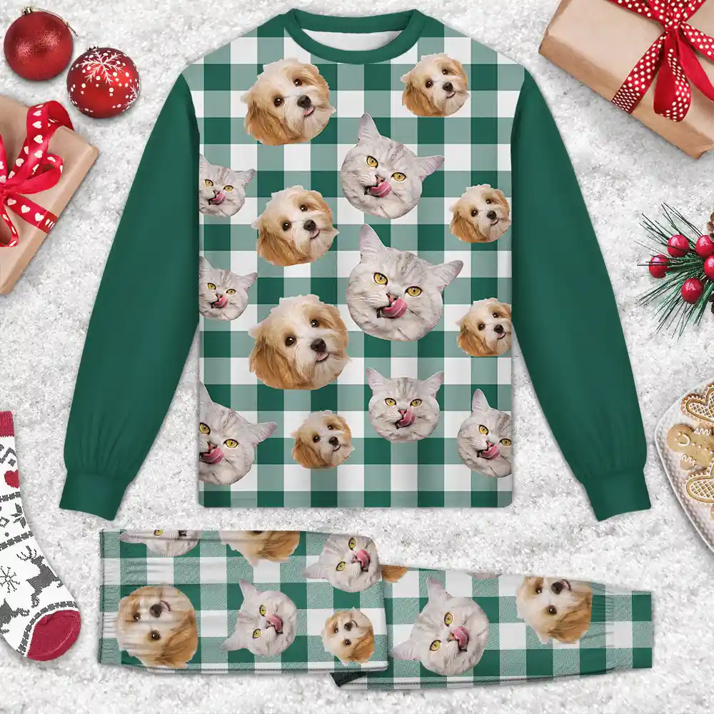 Custom Photo Funny Dog Cat Pet Human Face Plaid Pattern - Personalized Unisex Pajamas Set - Image 3