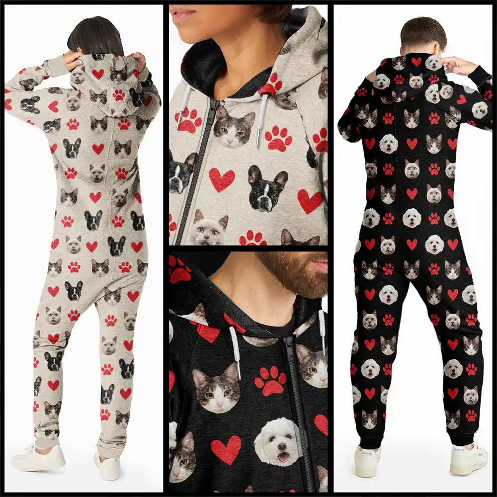 Custom Photo Funny Dog Cat Pet - Personalized Overall Onesie Hooded Jumpsuit - Image 4