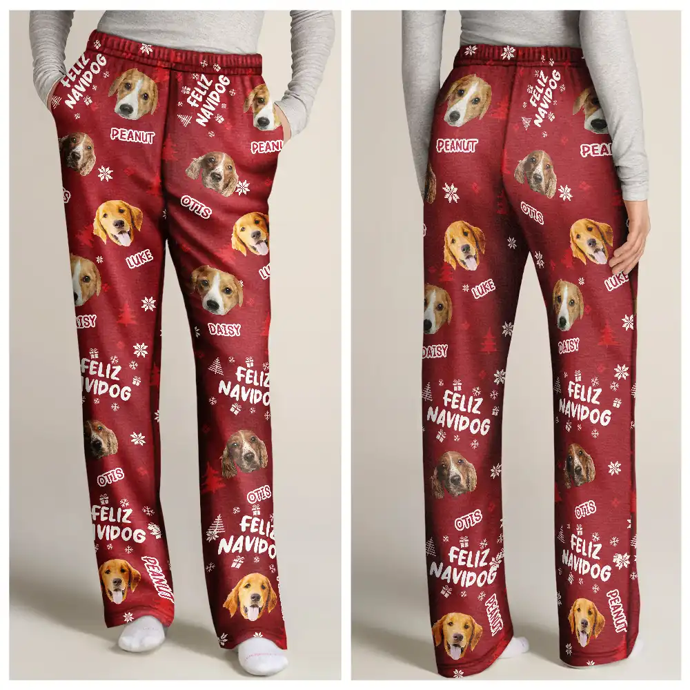 Custom Photo Funny Dogs Merry Woofmas Feliz Navidog - Personalized Pajama Pants - Image 4