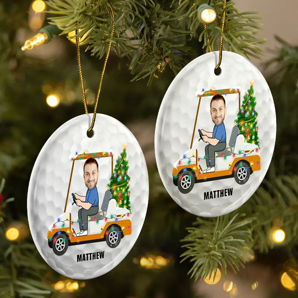 Custom Photo Funny Face Golf Cart - Personalized Circle Ceramic Ornament - Image 3