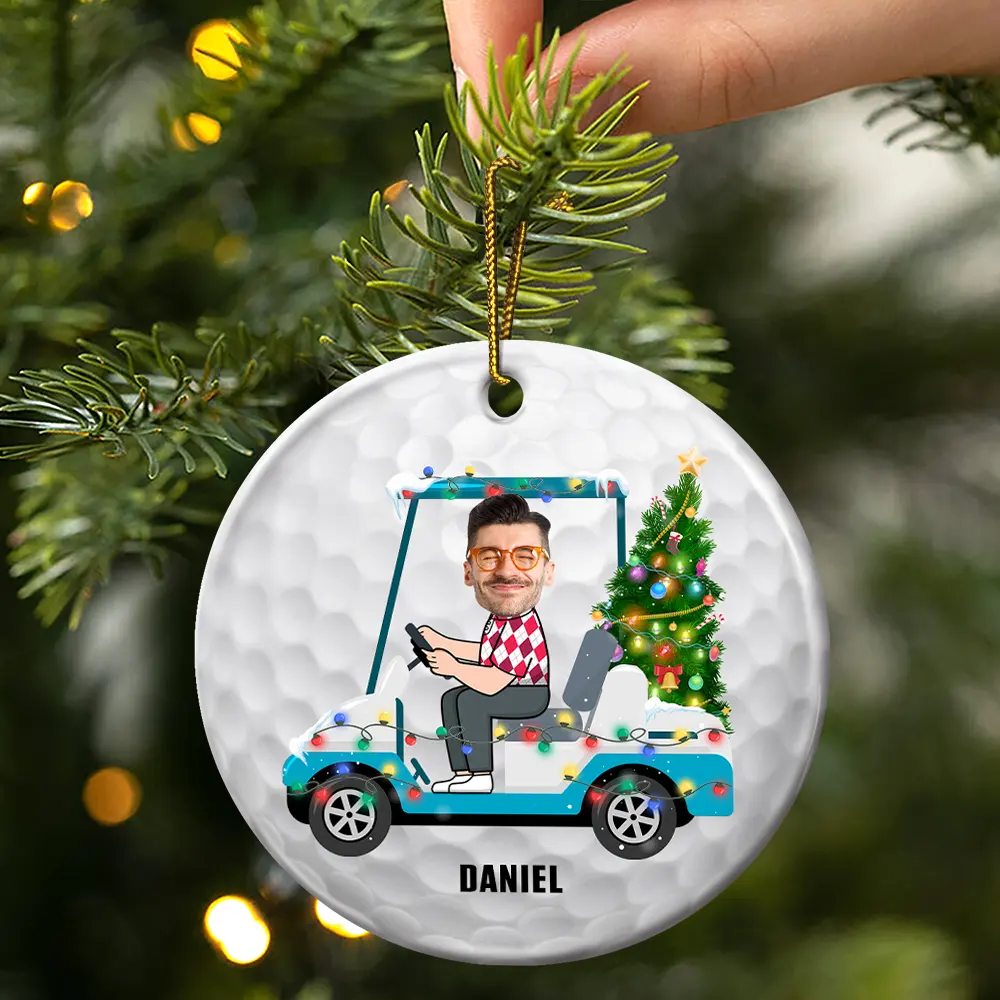Custom Photo Funny Face Golf Cart - Personalized Circle Ceramic Ornament - Image 4